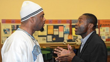 William Alexander Jr. (left) plays Tempest Landry and Roy Shuler plays Joshua Angel in the Crowded Kitchen Players produciton of 'The Fall of Heaven' at Trinity Episcopal Church's Fellowship Hall in Bethlehem. The show opens Nov. 6. (EMILY PAINE / THE MORNING CALL)